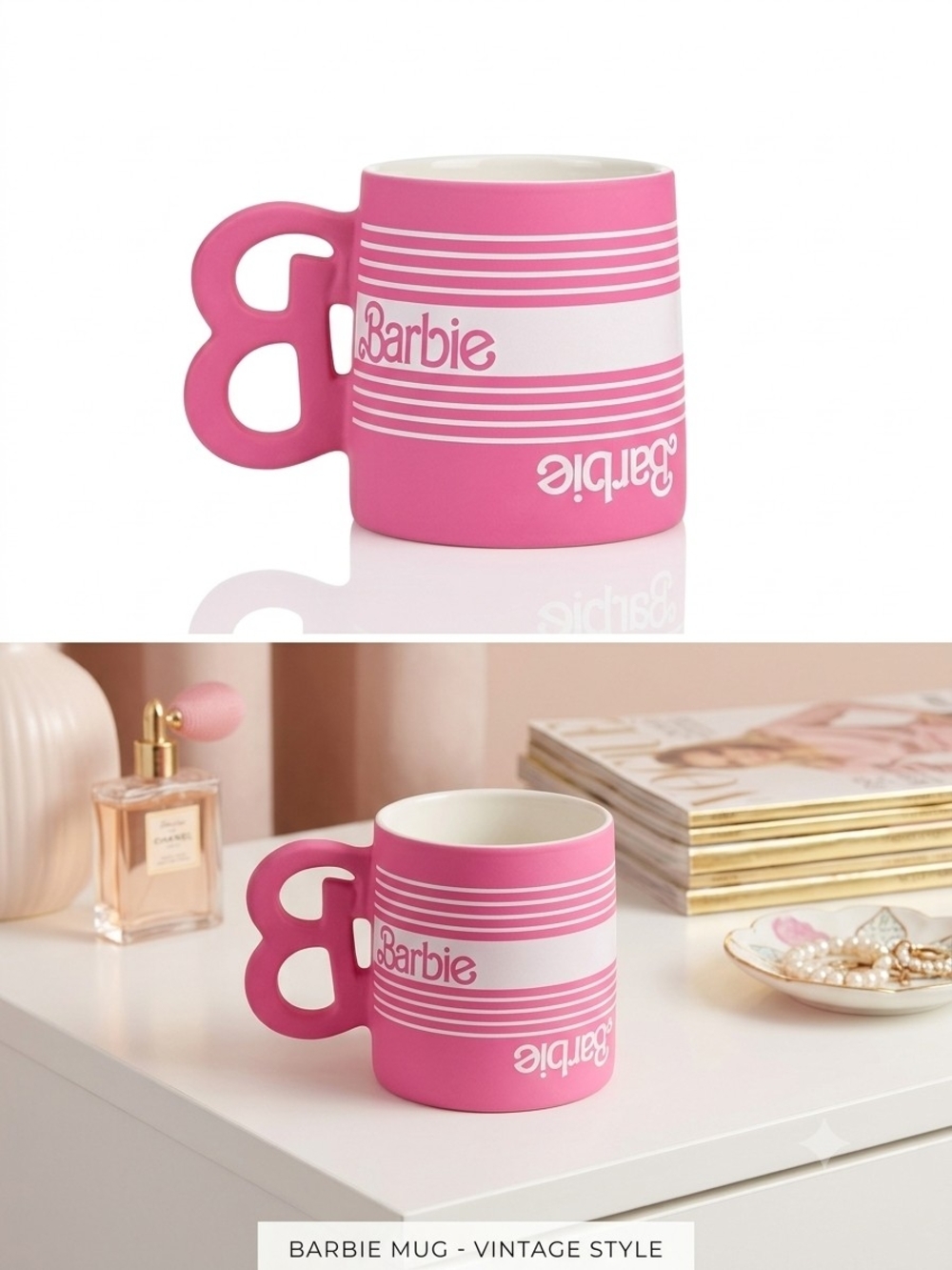 Barbie Pink & White Striped Mug with Bow Handle